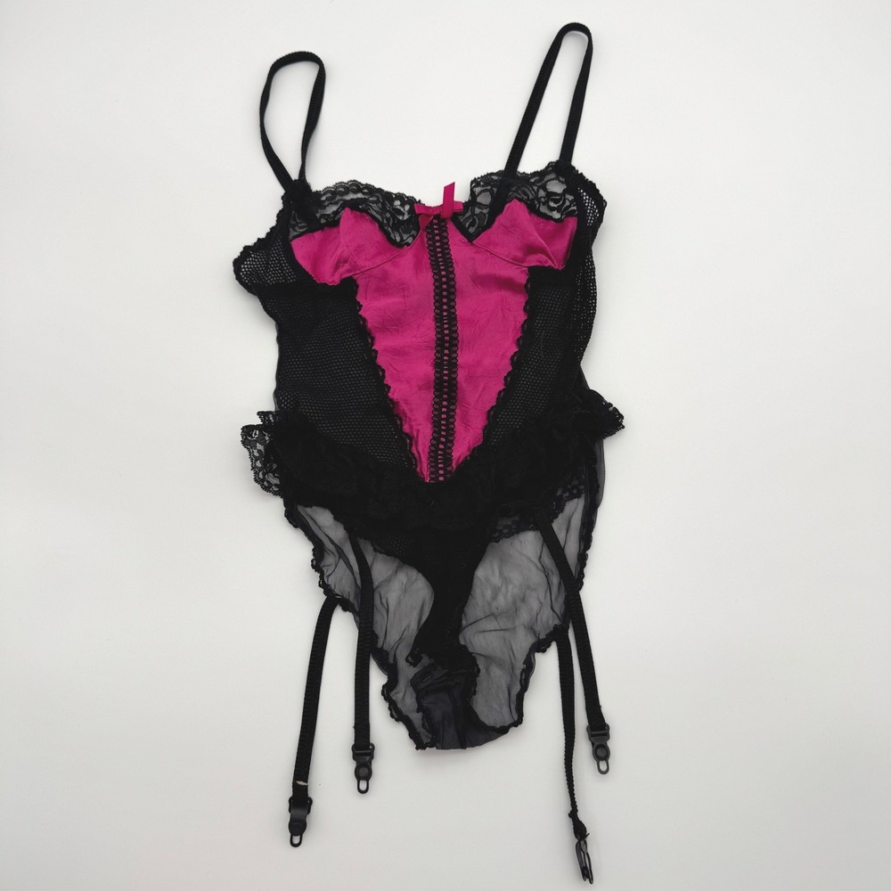 Vintage Nan Flower Pink Satin Black Lace‎ Teddy Bodysuit Garter Straps Small USA